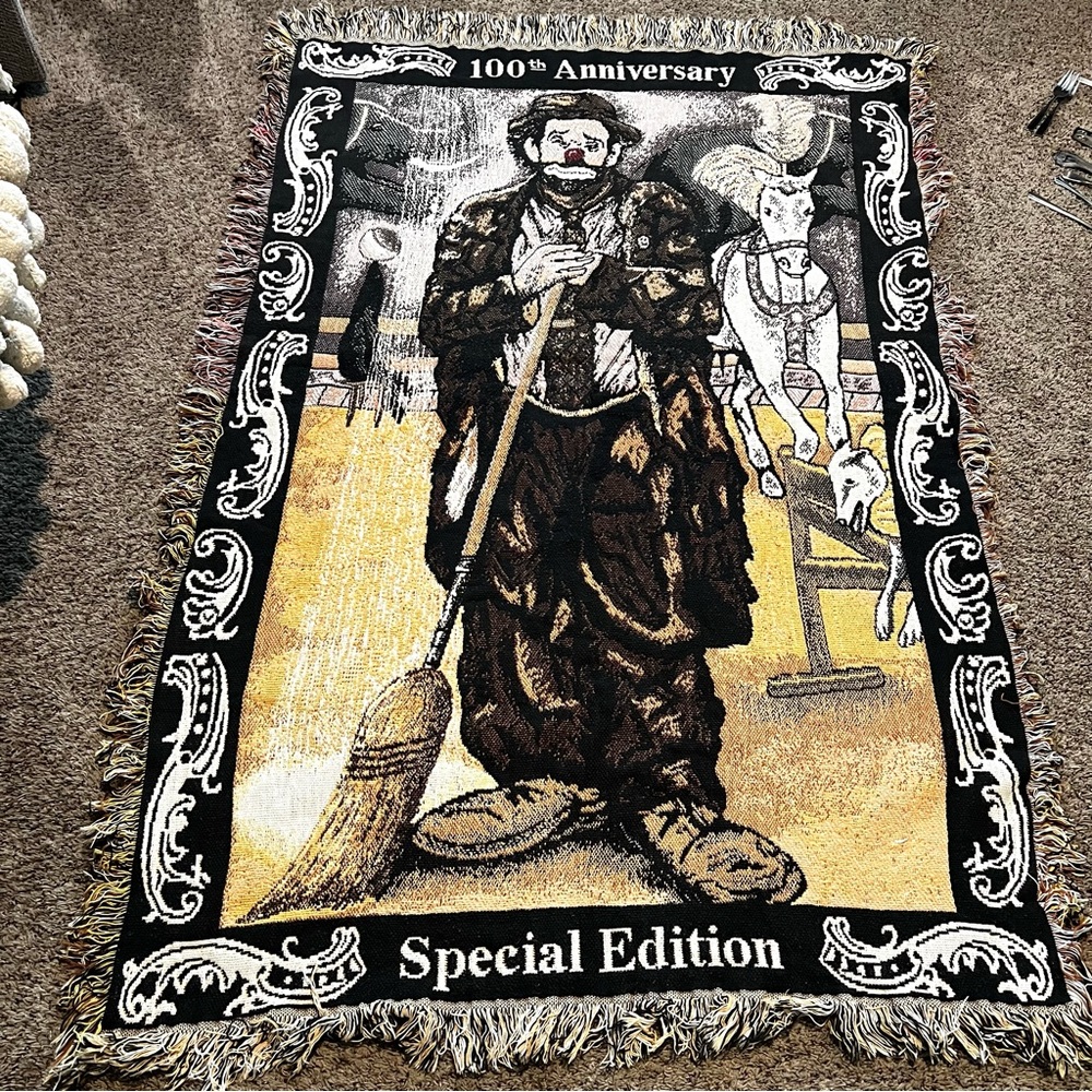 Vintage Emmett Kelly Clown Throw Blanket 100th Anniversary Special Edition 1998